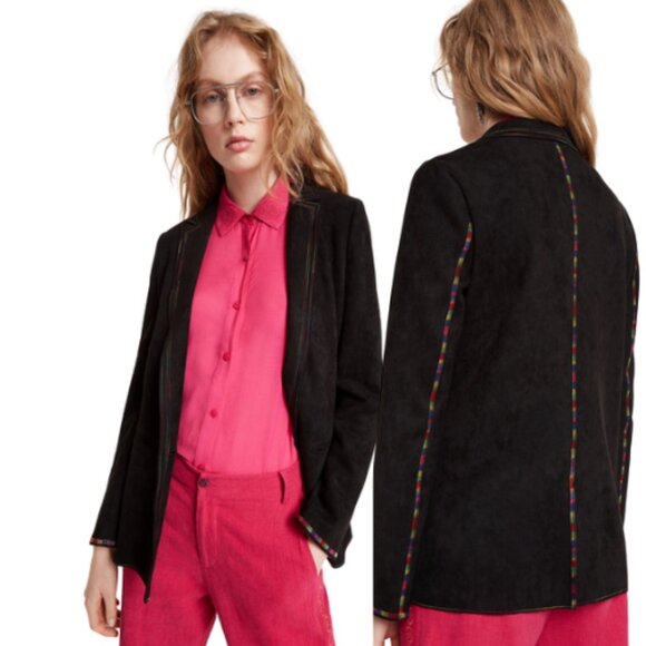 Desigual Womens Medium Faux Suede Button Multicolor Stitching Blazer Black Color - Picture 1 of 15